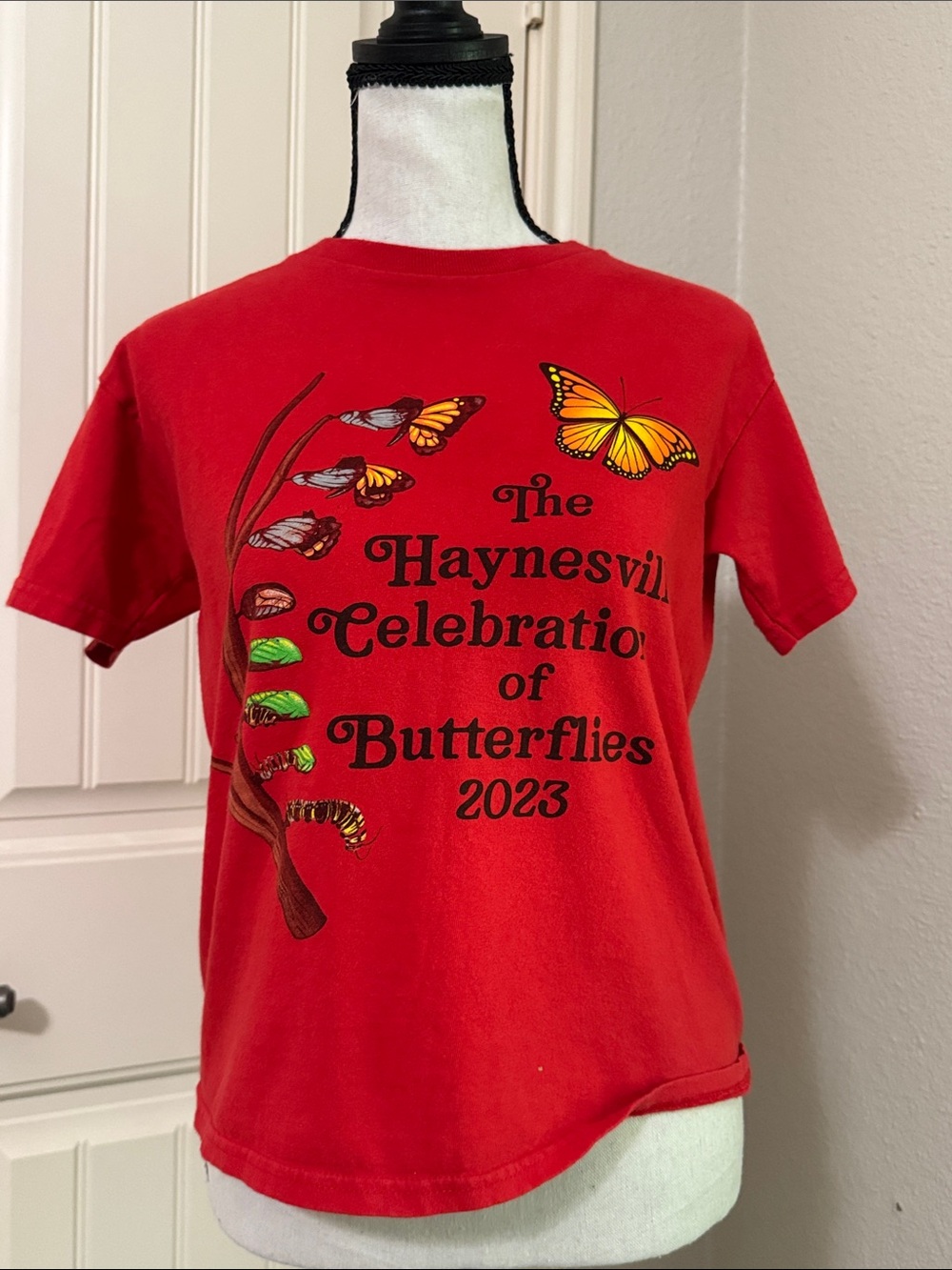 Hanes Red Crop Top with Yellow & Green Butterfly Graphic
